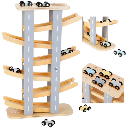 Tor Samochodowy Zjeżdżalnia Drewniany Duży Dla Dzieci 6 Pięter + 6 Autek