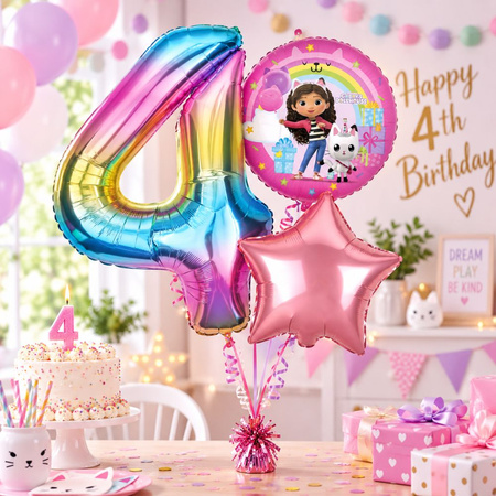 Balony Foliowe Na 4 Urodziny Koci Domek Gabi + Gwiazda + Cyfra Zestaw 3szt.