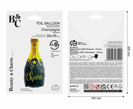 Balon Foliowy Szampan Cheers Na Przyjęcie Imprezę Urodziny GODAN 35x76 cm