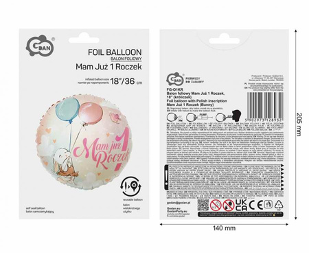 Balon Foliowy Mam Już 1 Roczek  Króliczek Różowy Urodziny Przyjęcie 18"