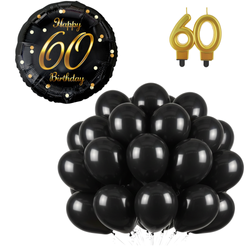 Balony Klasyczne Czarne 12" + Balon Foliowy 18" Na 60 Urodziny + Świeczka
