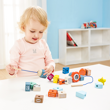 TOP BRIGHT Drewniana Zabawka Edukacyjna Nawlekanie Gąsienicy 18 Klocków