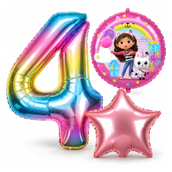 Balony Foliowe Na 4 Urodziny Koci Domek Gabi + Gwiazda + Cyfra Zestaw 3szt.