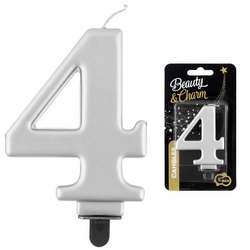 Świeczka Urodzinowa Srebrna Dekoracyjna Na Tort Cyfra 4 Metaliczna GODAN