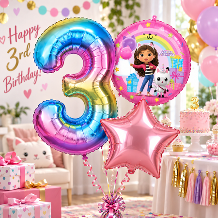 Balony Foliowe Na 3 Urodziny Koci Domek Gabi + Gwiazda + Cyfra Zestaw 3szt.