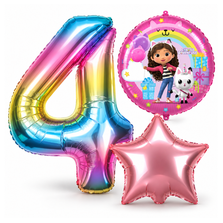 Balony Foliowe Na 4 Urodziny Koci Domek Gabi + Gwiazda + Cyfra Zestaw 3szt.