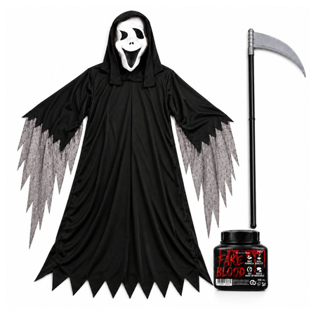 Strój Krzyk Na Halloween  Duch Kostium 120/130 cm + Kosa 102cm + Krew 250ml