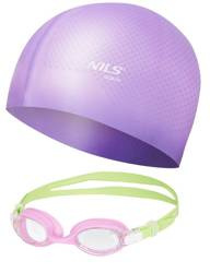 NILS Zestaw Dla Dziecka Zielono-Fioletowe Okularki + Fioletowy Czepek Pływacki