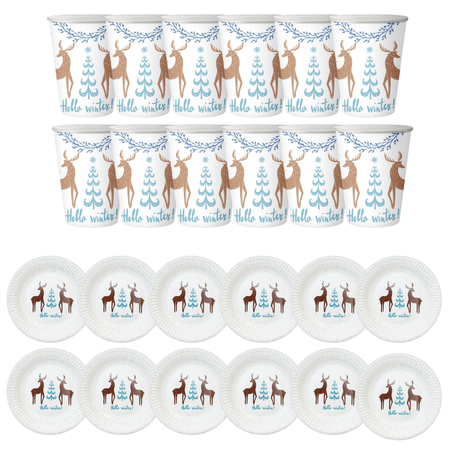 Zastawa Stołowa 12x Kubeczki 250 ml + 12x Talerzyki 18 cm Na Święta Renifer