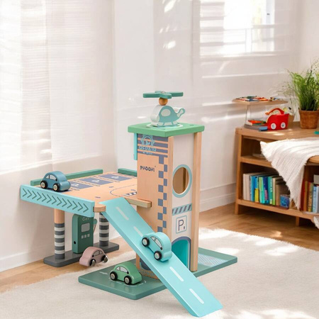 Drewniany Parking Piętrowy Garaż Z Windą i Stacją + Samochodziki Merkan