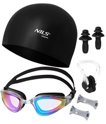 Zestaw Pływacki 3w1 Regulowane Okularki + Czepek + Zatyczki Na Nos I Uszy NILS
