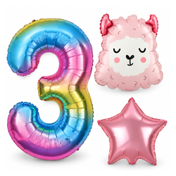 Balony Foliowe Na 3 Urodziny Dla Dziewczynki Alpaka + Gwiazda + Cyfra 3szt.