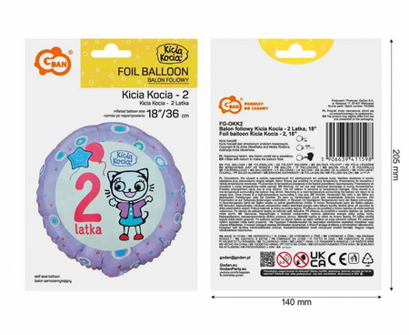 Balon Foliowy Kicia Kocia Dekoracja Na Urodziny 2 Latka Kotek 18" GODAN