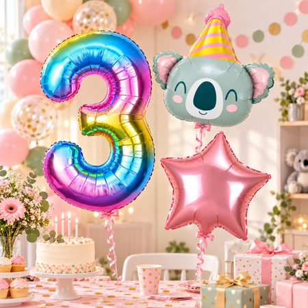 Balony Foliowe Na 3 Urodziny Koala Z Czapeczką + Gwiazda + Cyfra 3 szt.