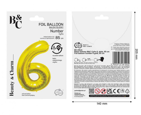 Balon Foliowy Na Urodziny Rocznicę Dekoracja Cyfra 6 Złota 85 cm Na Hel