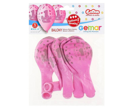 Balony Dekoracyjne Na 1 Urodziny Z Nadrukiem Różowe Dla Córki 33 cm 5 szt.