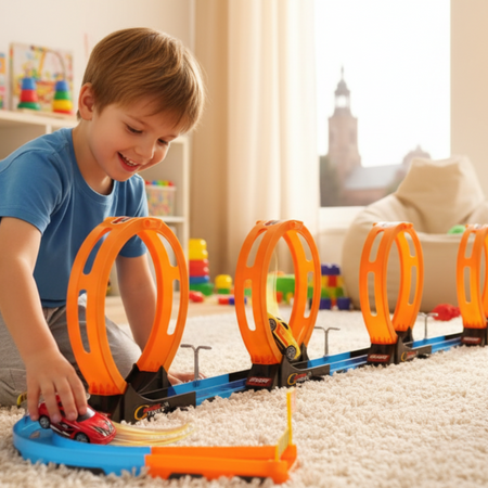 Tor Wyścigowy Samochodowy Pull Back Dla Dzieci 416 cm + 2 Samochody TLD