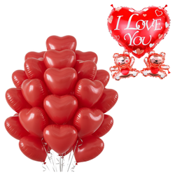 Balony Czerwone Serca Na Walentynki 10" 50 szt. + Balon Serce Z Misiami