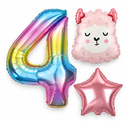 Balony Foliowe Na 4 Urodziny Dla Dziewczynki Alpaka + Gwiazda + Cyfra 3szt.