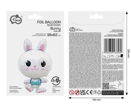 Balon Foliowy Króliczek Biały Na Przyjęcie Imprezę Urodziny GODAN 38x62 cm