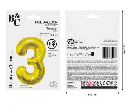 Balon Foliowy Na Urodziny Rocznicę Dekoracja Cyfra 3 Złota 85 cm Na Hel