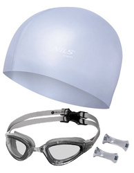 NILS Zestaw Szare Okularki Anti-Fog i UV + Szary Czepek Pływacki