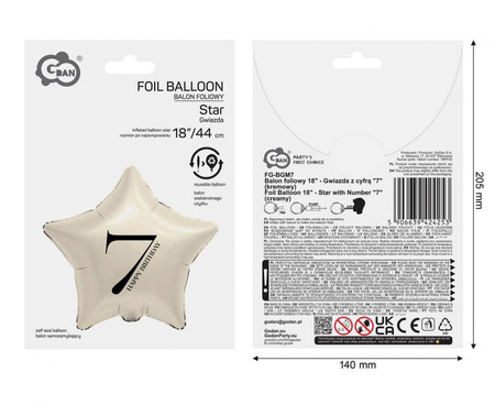 Balon Foliowy Dekoracyjny Ozdobny Imprezowy Na Urodziny Cyfra 7 GODAN 18"