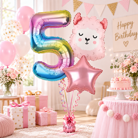 Balony Foliowe Na 5 Urodziny Dla Dziewczynki Alpaka + Gwiazda + Cyfra 3szt.