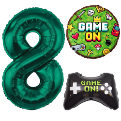 Balony Foliowe Na 8 Urodziny Dla Dziecka GAME ON 3 szt. Duże Cyfra 85 cm