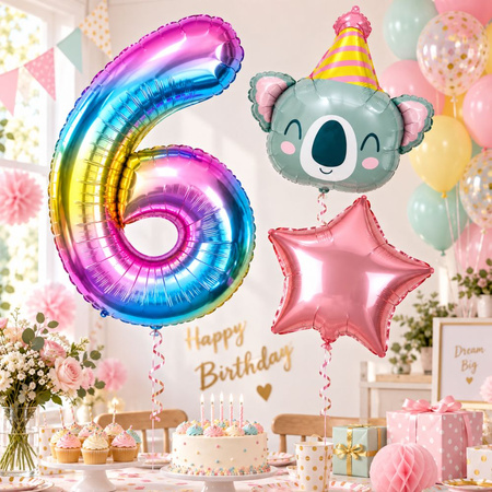 Balony Foliowe Na 6 Urodziny Koala Z Czapeczką + Gwiazda + Cyfra 3 szt.
