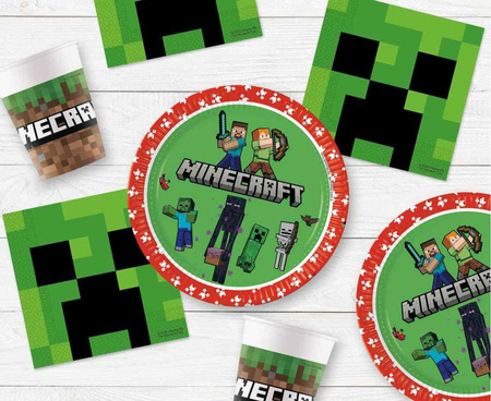Kubeczki 8 szt + Talerzyki 8 szt + Serwetki Minecraft + Balon Cyfra 8 85 cm