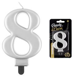 Świeczka Urodzinowa Srebrna Dekoracyjna Na Tort Cyfra 8 Metaliczna GODAN