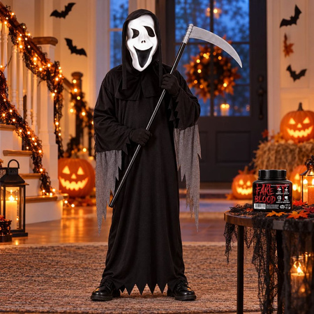 Strój Krzyk Na Halloween  Duch Kostium 120/130 cm + Kosa 102cm + Krew 250ml