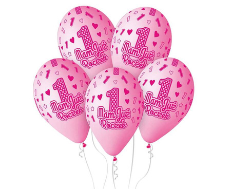 Balony Dekoracyjne Na 1 Urodziny Z Nadrukiem Różowe Dla Córki 33 cm 5 szt.