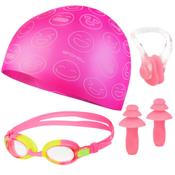 Różowy Zestaw Dla Dziewczynki Na Basen Czepek + Okularki Pływackie + Zatyczki Na Uszy i Nos