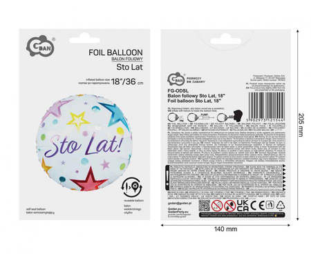 Balon Foliowy Dekoracyjny Imprezowy Na Urodziny Sto Lat Okrągły GODAN 18"