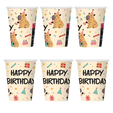 Talerzyki Papierowe 18 cm + Kubeczki 250 ml Kapibara Happy Birthday 12 szt.