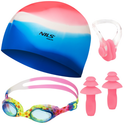 Zestaw Pływacki Dla Dziewczynki Okularki + Czepek + Zatyczki Na Uszy I Nos NILS