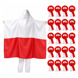 Kotylion Narodowy Biało-Czerwony Godło Orzeł POLSKA 20szt. + Flaga 150x90cm