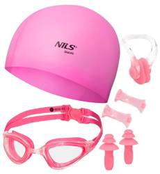 Różowy Zestaw Pływacki Na Basen Czepek + Okulary + Zatyczki Na Nos i Uszy NILS
