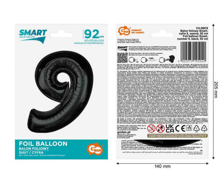 Balon Foliowy Dekoracja Na Urodziny Rocznice Jubileusze GODAN 92 cm Cyfra 9