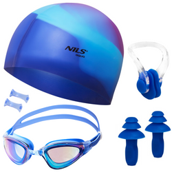 Zestaw Pływacki 3w1 Regulowane Okularki + Czepek + Zatyczki NILS AQUA