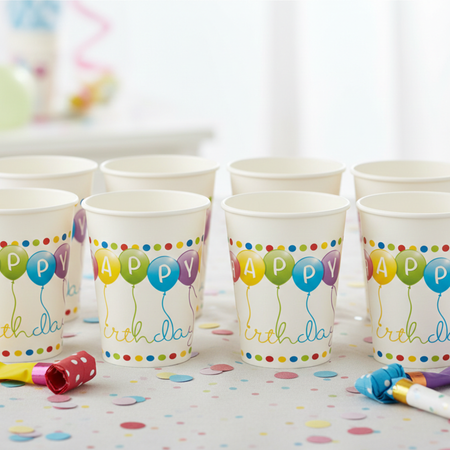 Kubeczki Papierowe Ozdobne Na Przyjęcie 200 ml Happy Birthday PROCOS 8 szt.