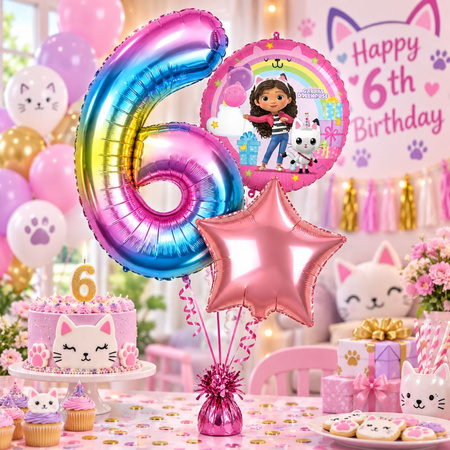 Balony Foliowe Na 6 Urodziny Koci Domek Gabi + Gwiazda + Cyfra Zestaw 3szt.