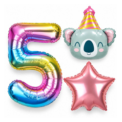 Balony Foliowe Na 5 Urodziny Koala Z Czapeczką + Gwiazda + Cyfra 3 szt.