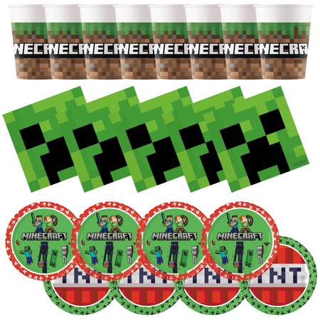 Kubeczki 8 szt + Talerzyki 8 szt + Serwetki Minecraft + Balon Cyfra 8 85 cm
