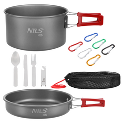 Naczynia Turystyczne Garnek 1,4 L + Patelnia 1,6 L + Sztućce + Karabińczyki