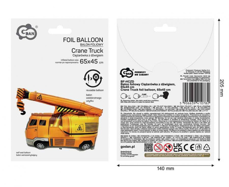 Balon Foliowy Ciężarówka Z Dźwigiem Na Urodziny Imprezę Dla Dziecka 65x45cm