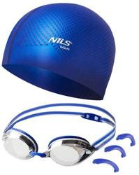 NILS Zestaw Niebieskie Okularki + Niebieski Czepek Pływacki