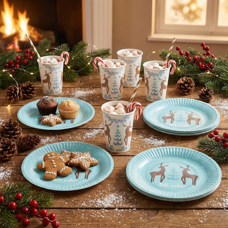 Kubeczki 250 ml + Talerzyki Zastawa Stołowa Jednorazowa Na Święta Renifer